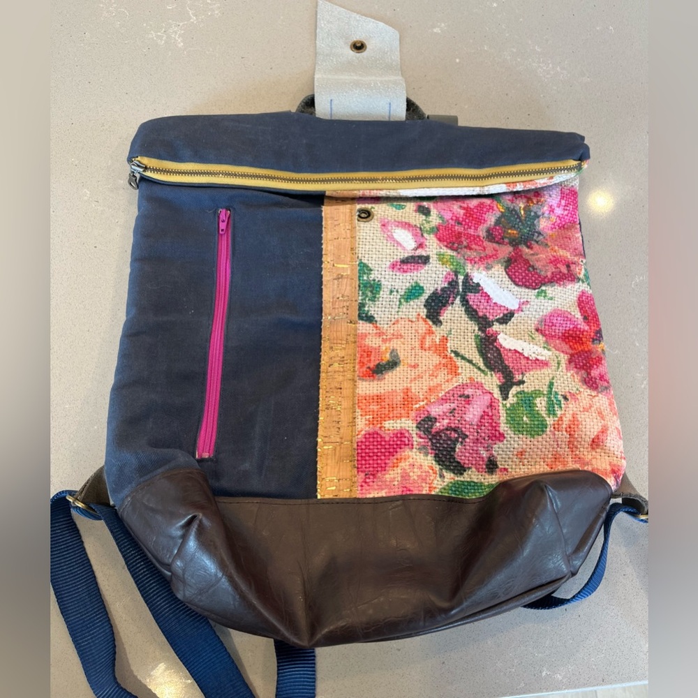 Handmade Roll Zip Backpack Denim Hand Painted Floral Textile Leather Boho Bag - Picture 5 of 13